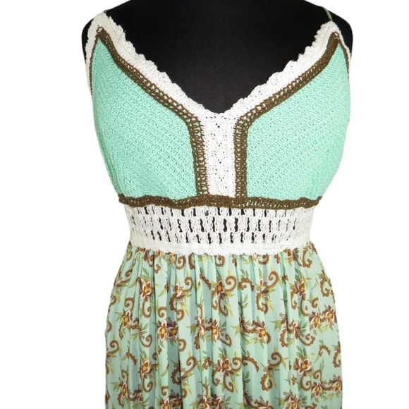Rue21 Green Crocheted Babydoll Floral Ruffle Tiered Boho Cottage Maxi Dress LG - Picture 2 of 9